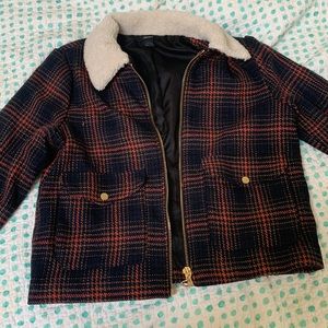collared flannel blue/red/black/brown gold trim jacket